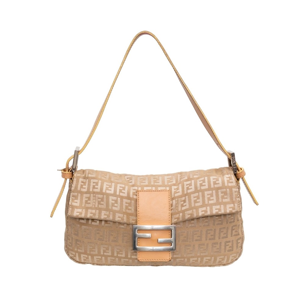 Vintage Fendi Zucchino FF Monogram Canvas Baguette Shoulder Bag Beige Leather